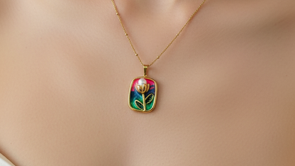 Necklace with a colorful pendant worn by a model against a neutral background